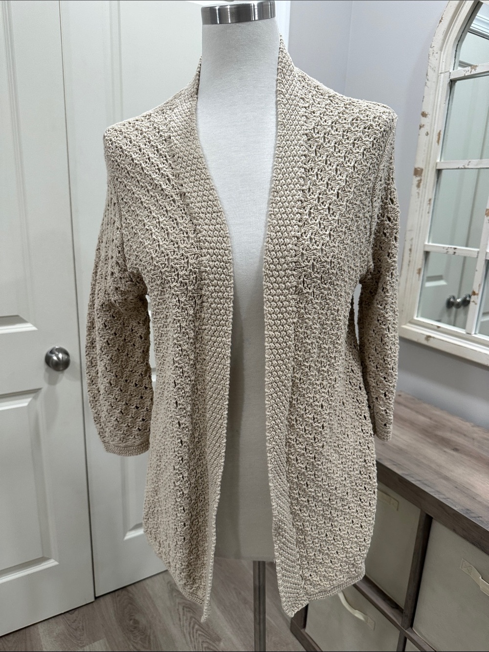J. Jill Open-Front Beige Crochet Cardigan